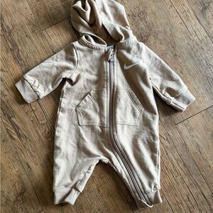 Nike Beige Hooded Baby One-Piece Footie with Swoosh